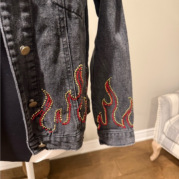Honey Punch Black Denim Jacket with Flame Embellishments - Picture 3 of 5